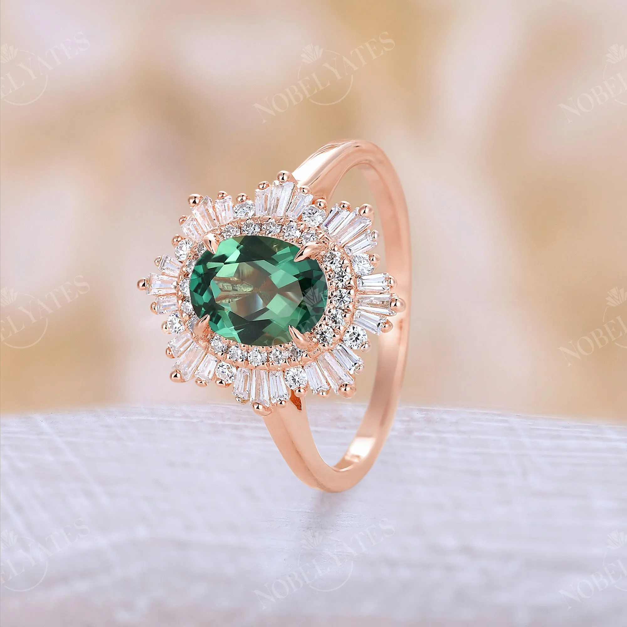 Art deco Oval Lab Green Sapphire Halo Starburst Engagement Ring Rose Gold