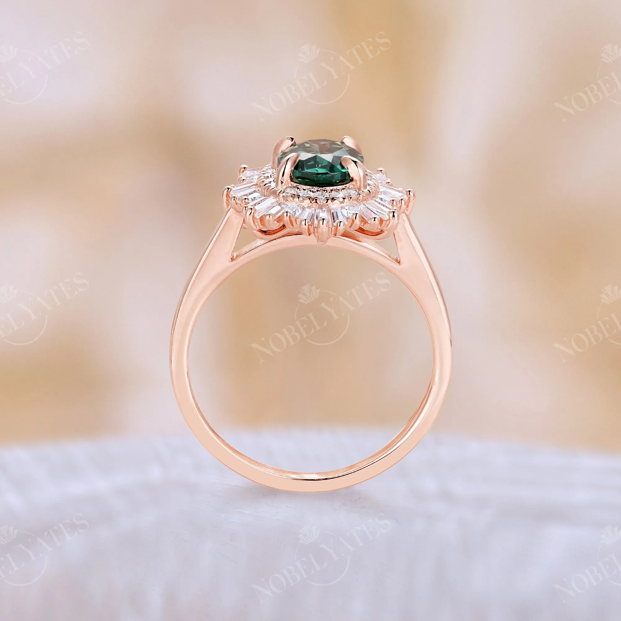 Art deco Oval Lab Green Sapphire Halo Starburst Engagement Ring Rose Gold