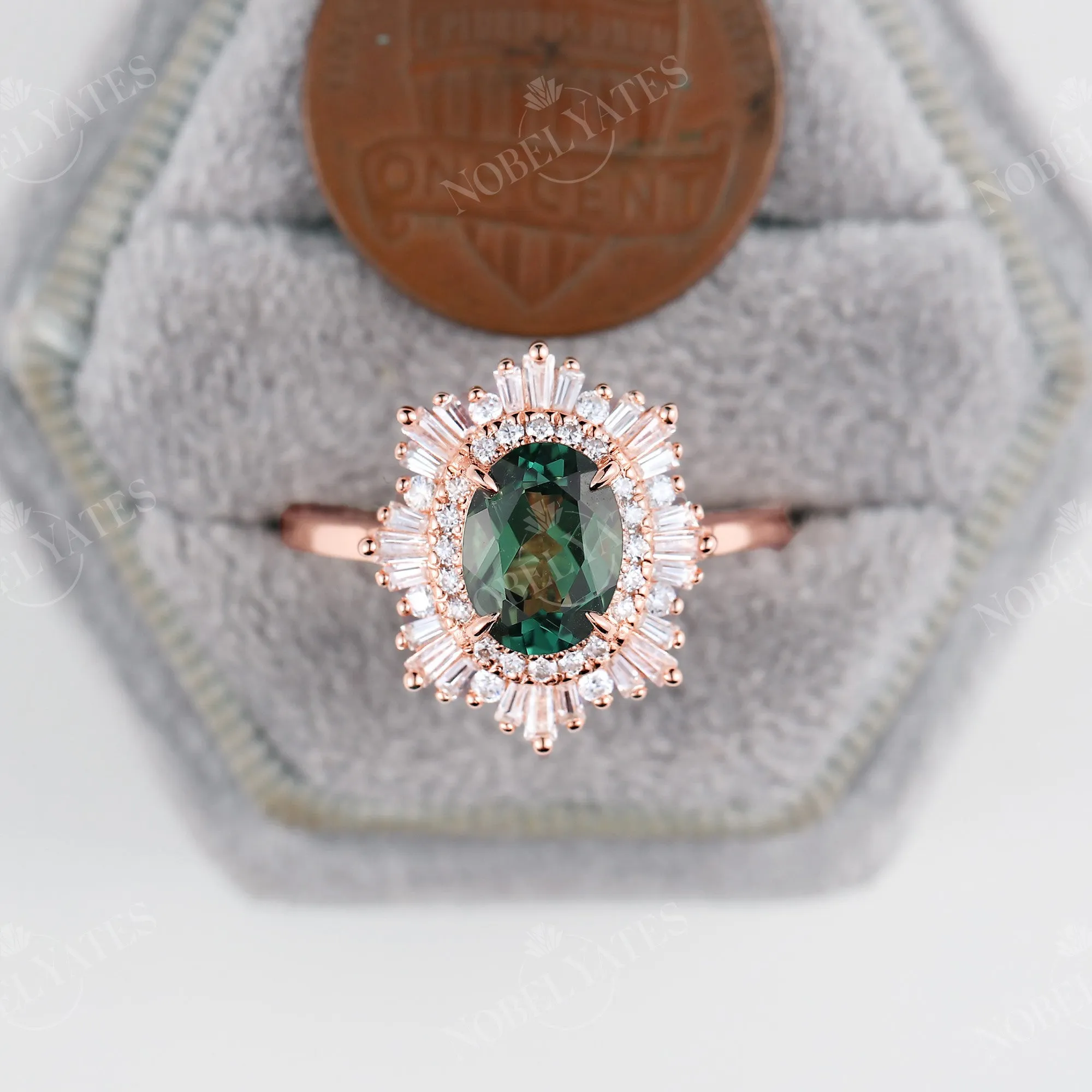 Art deco Oval Lab Green Sapphire Halo Starburst Engagement Ring Rose Gold