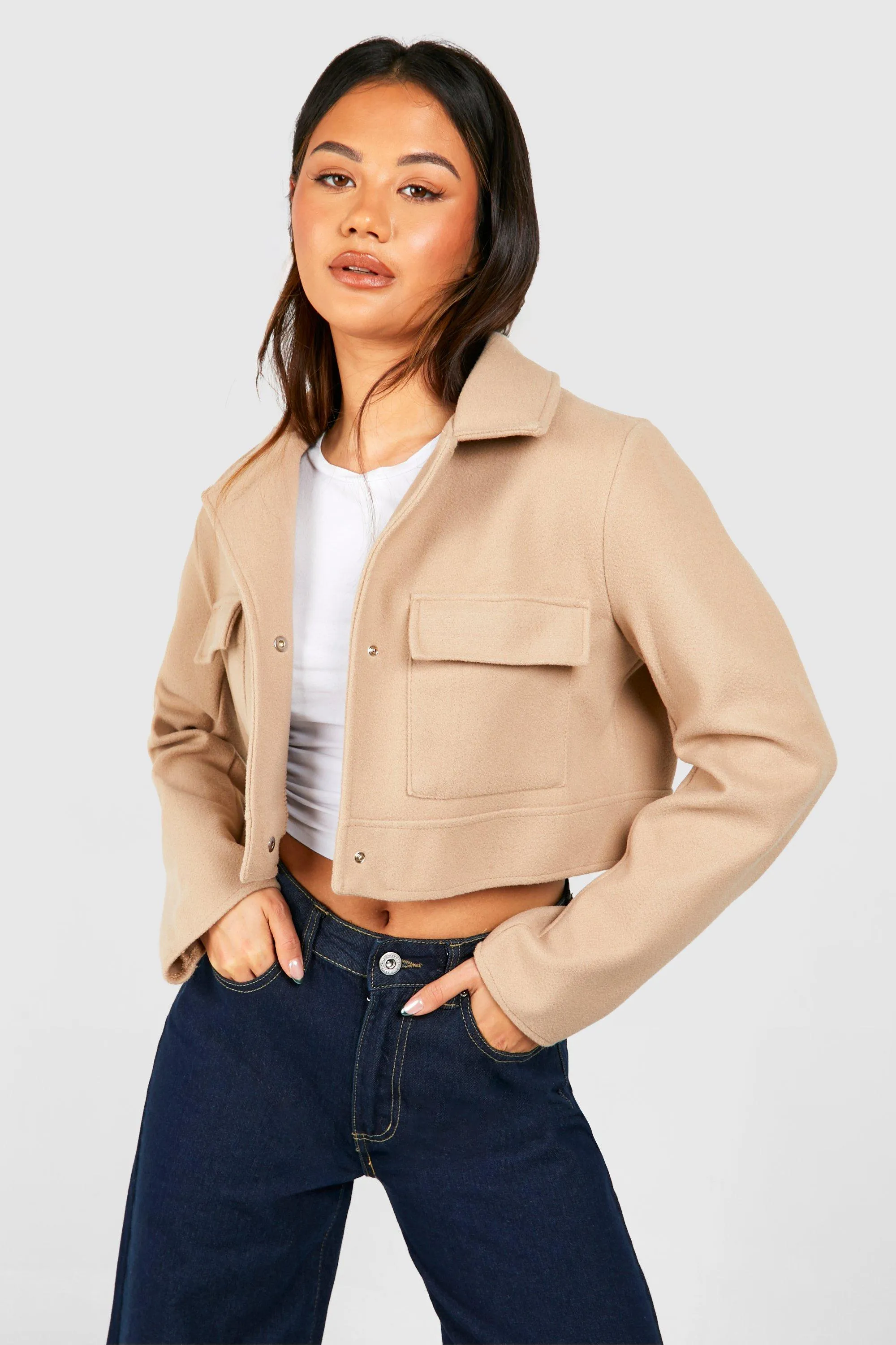 Asymmetric Crop Wool Look Jacket