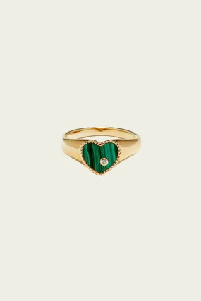 Baby Chevalière Heart Ring in Yellow Gold & Malachite