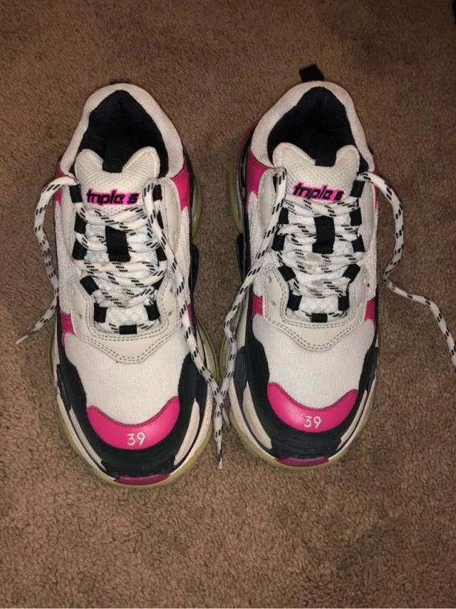 Balenciaga White & Pink Triple S Sneakers