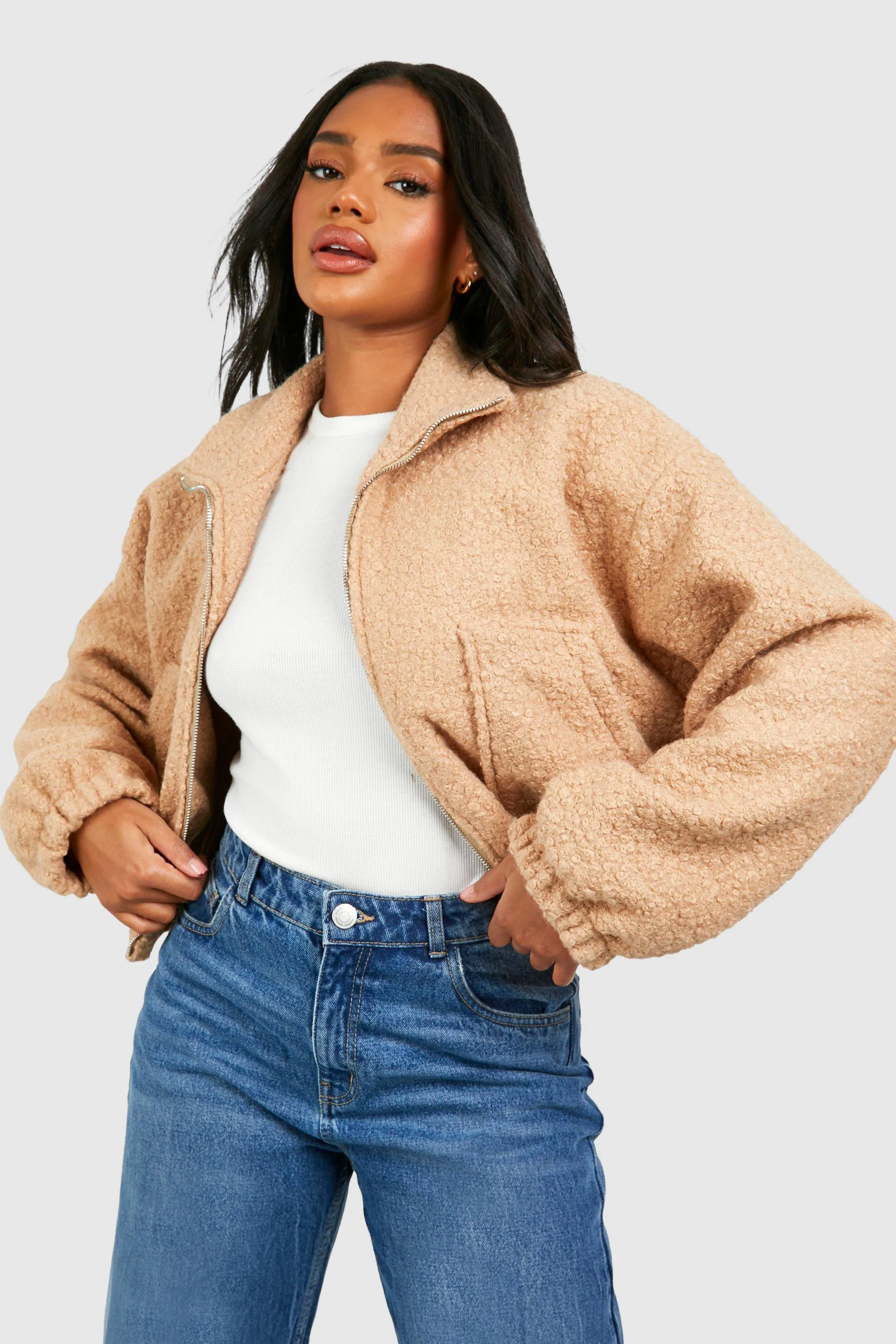 Batwing Sleeve Wool Look Bomber Jacket