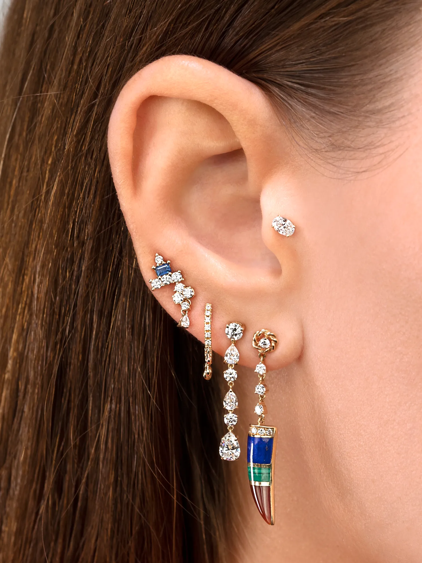 Bestie Baguette Birthday Cake Stud - White Diamond and Blue Sapphire / 14k Yellow Gold