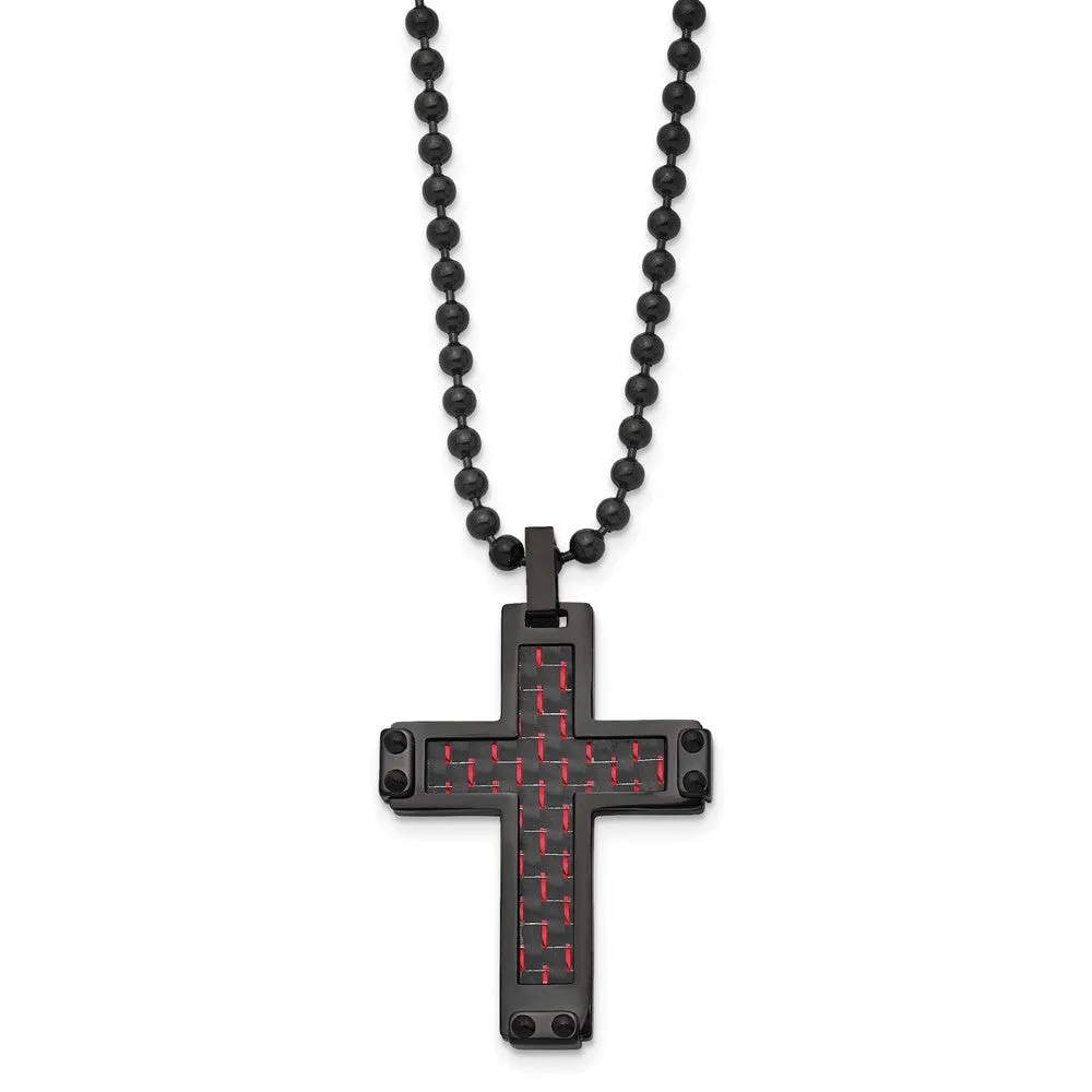 Black Plated Stainless Steel Blk/Red Carbon Fiber Cross Necklace, 22in