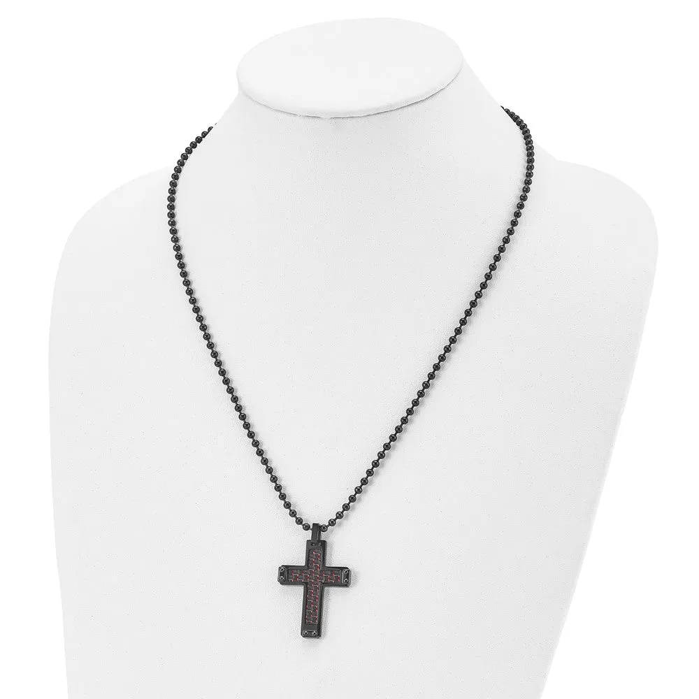 Black Plated Stainless Steel Blk/Red Carbon Fiber Cross Necklace, 22in