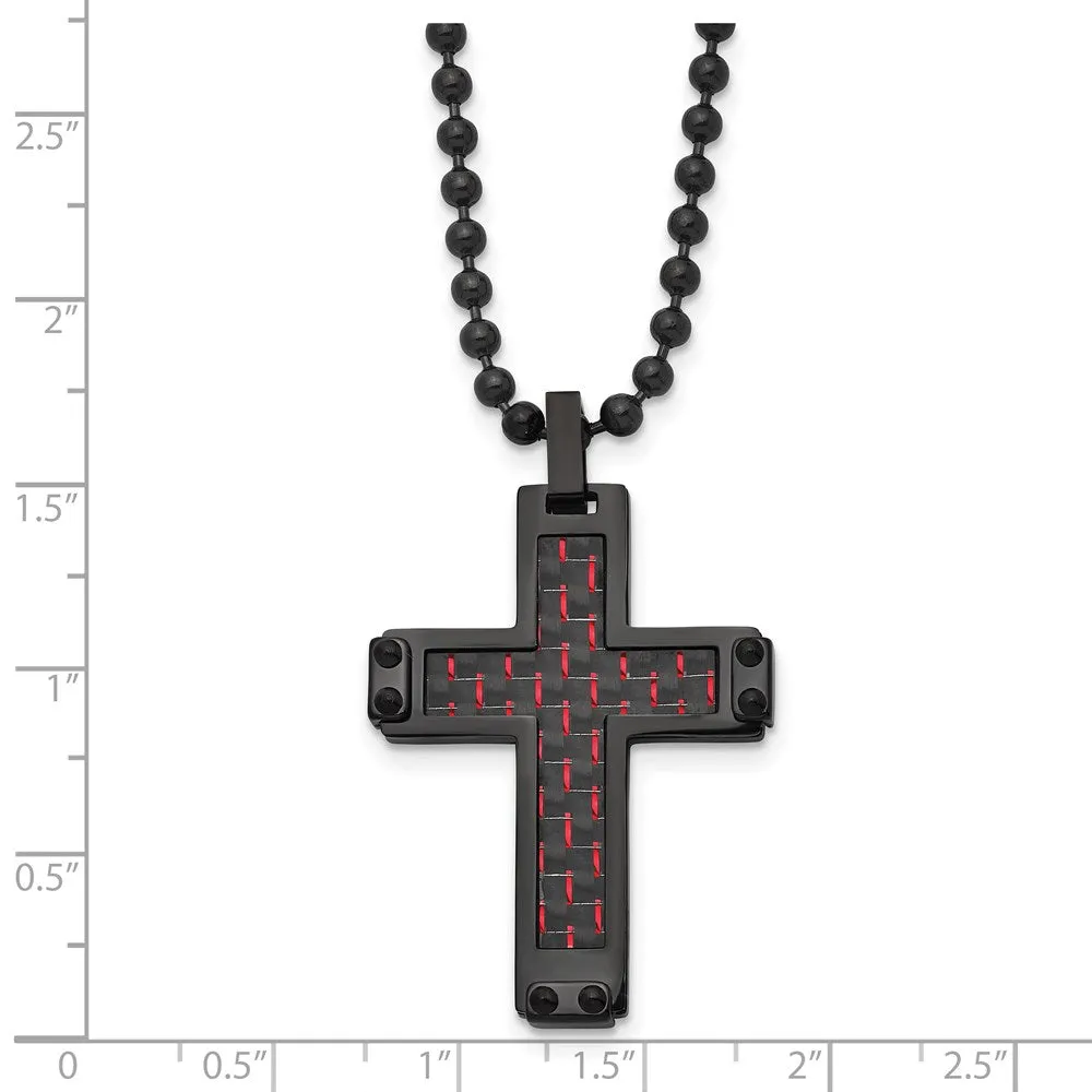 Black Plated Stainless Steel Blk/Red Carbon Fiber Cross Necklace, 22in