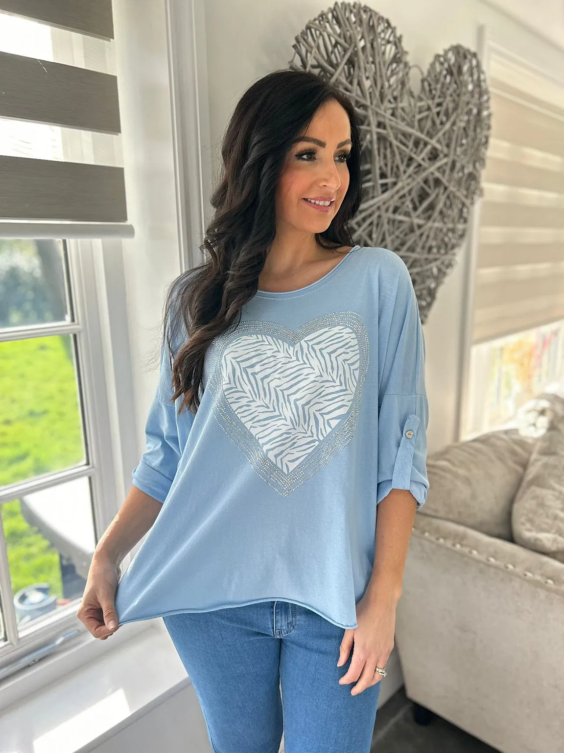 Blue Animal Diamante Heart Top Kathy