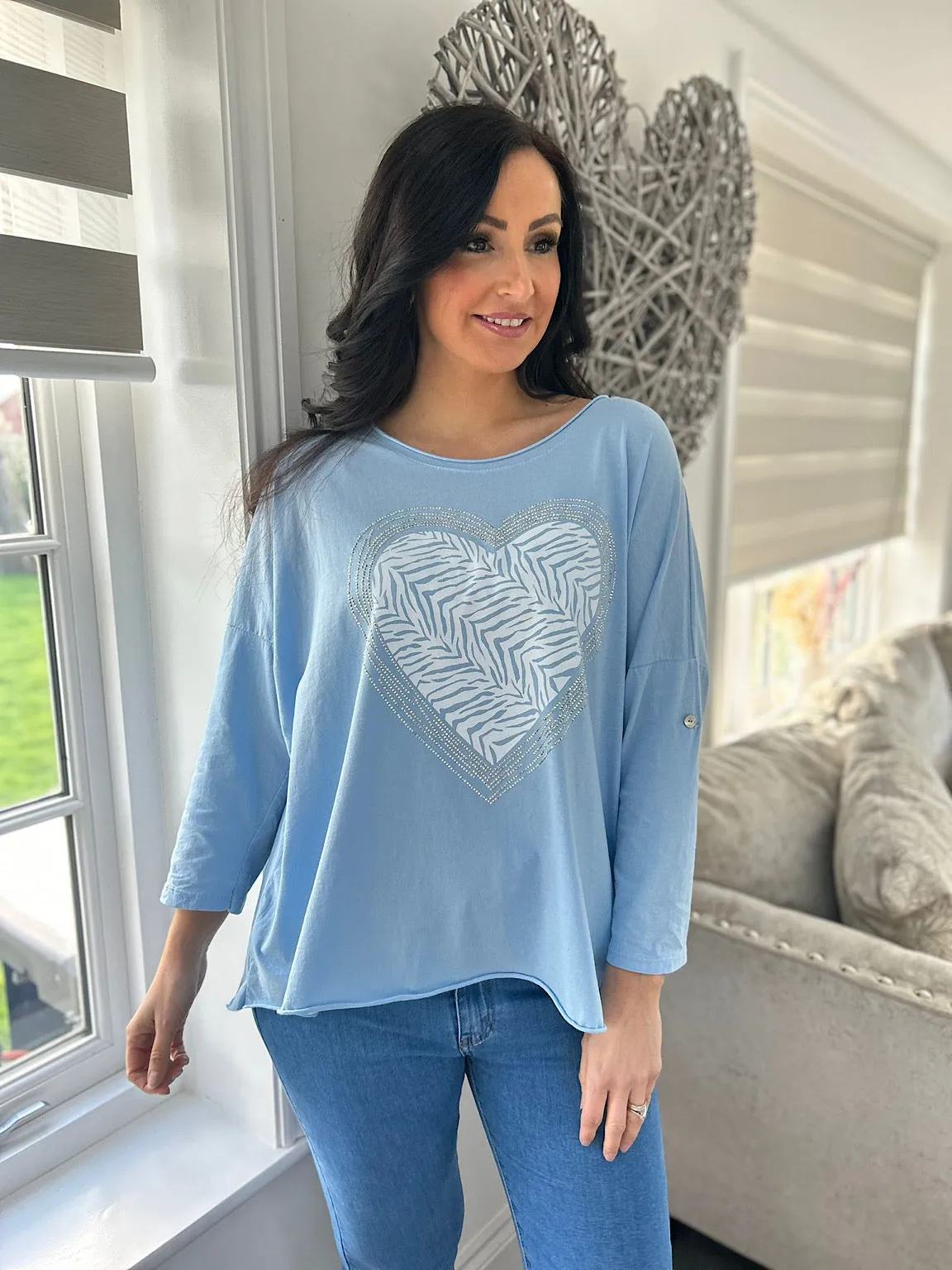 Blue Animal Diamante Heart Top Kathy