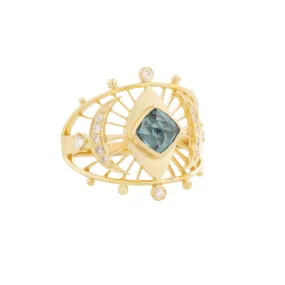 Blue Tourmaline and Diamond Moon Ring