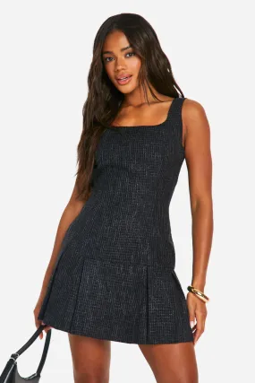 Boucle Mini Pleated Hem Shift Dress