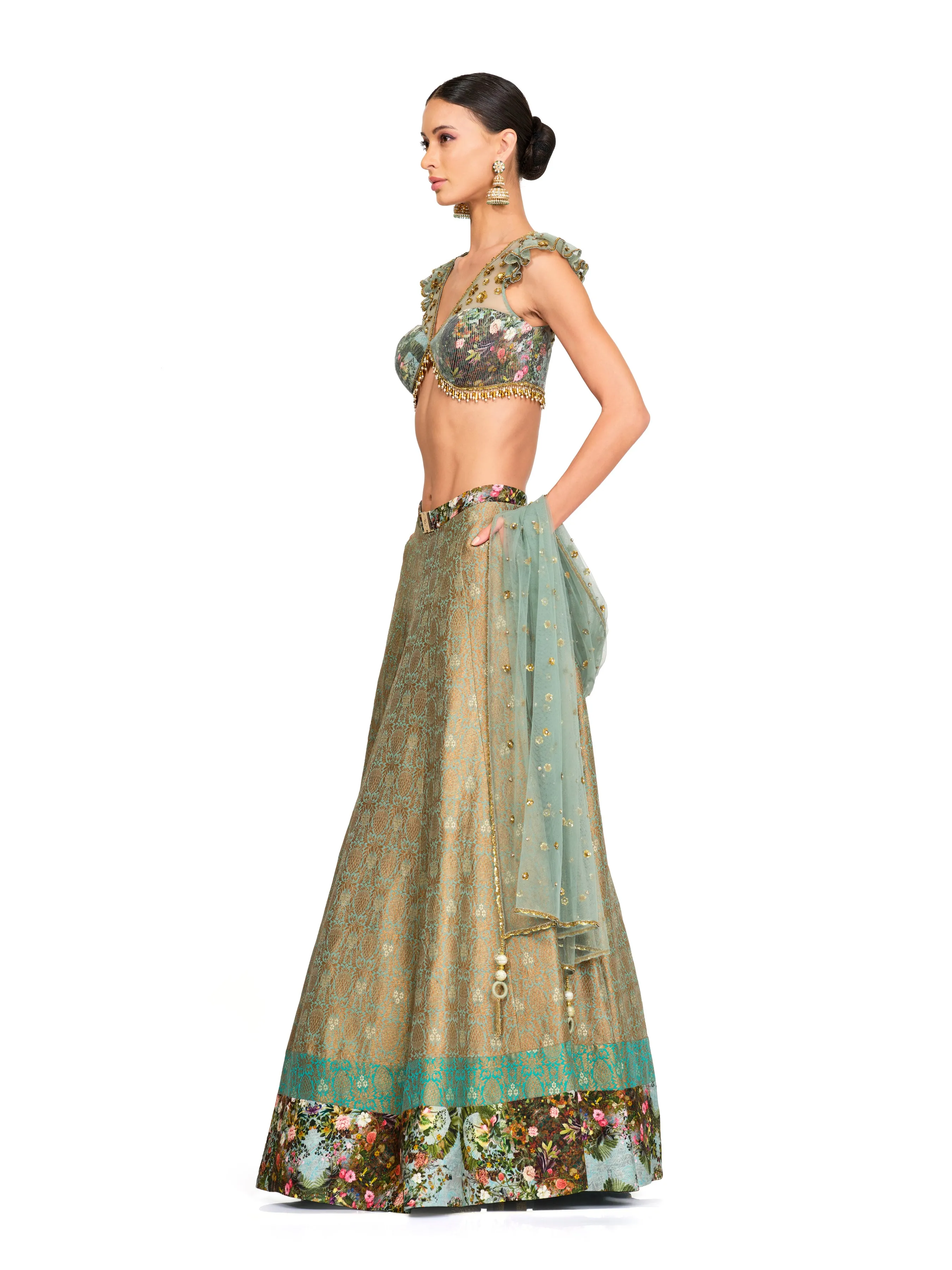 Brocade Lehenga with Ruffled Sleeves