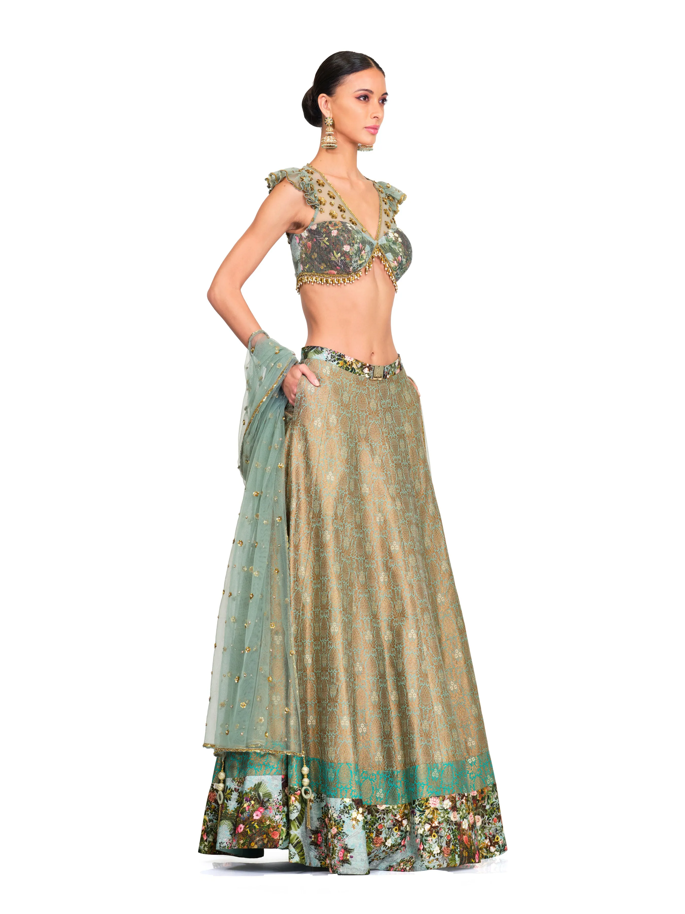 Brocade Lehenga with Ruffled Sleeves