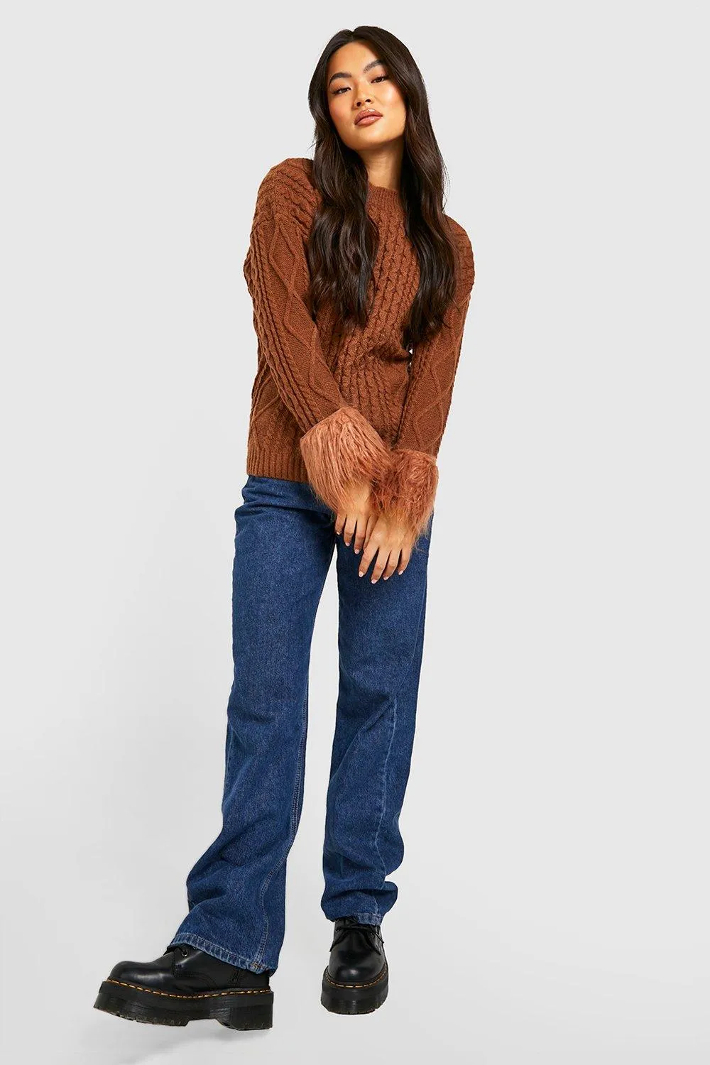 Cable Knit Faux Fur Cuff Sweater