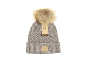 C.C Kids' Criss-Cross Faux Fur Pom Beanie