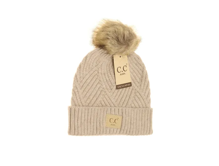 C.C Kids' Criss-Cross Faux Fur Pom Beanie