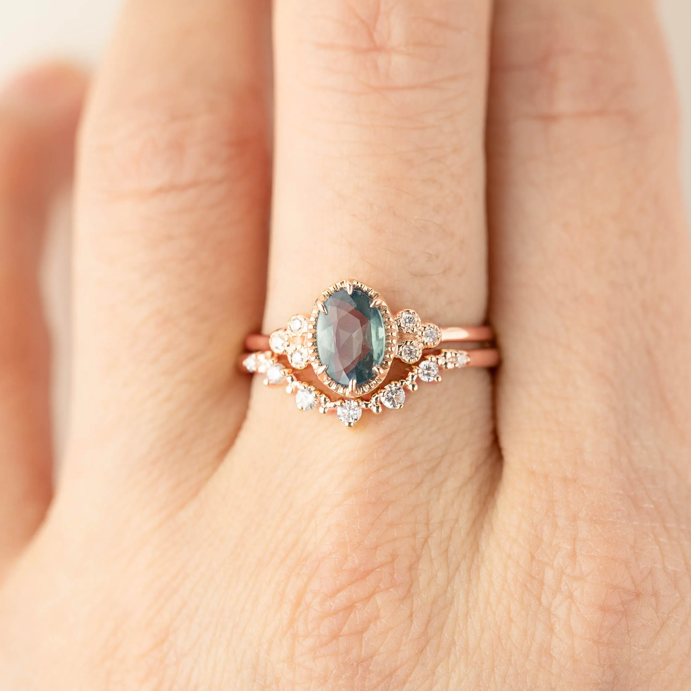 Celine Ring - 0.92ct Peacock Green Sapphire, 14k Rose Gold (One of a kind)