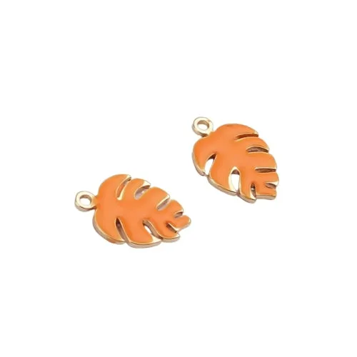 Charms, Monstera Leaf, Orange, Enameled, Brass, 13mm