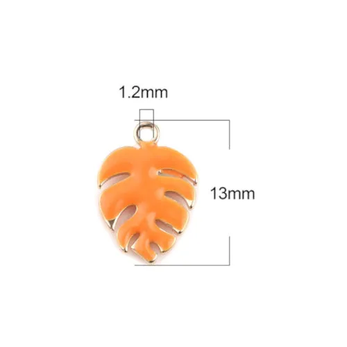 Charms, Monstera Leaf, Orange, Enameled, Brass, 13mm