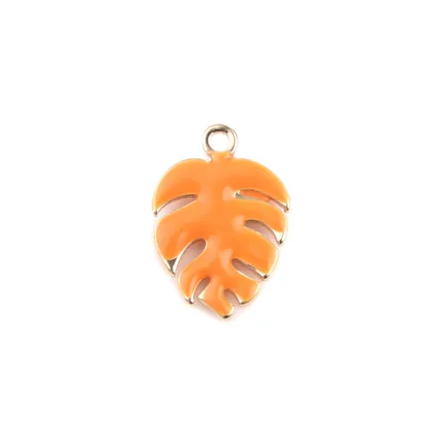 Charms, Monstera Leaf, Orange, Enameled, Brass, 13mm