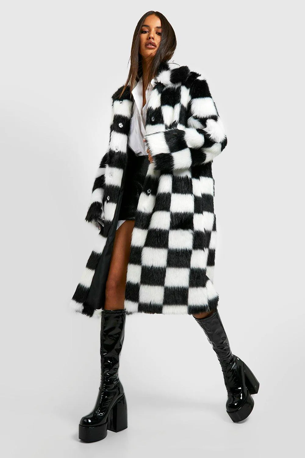 Checkerboard Faux Fur Coat