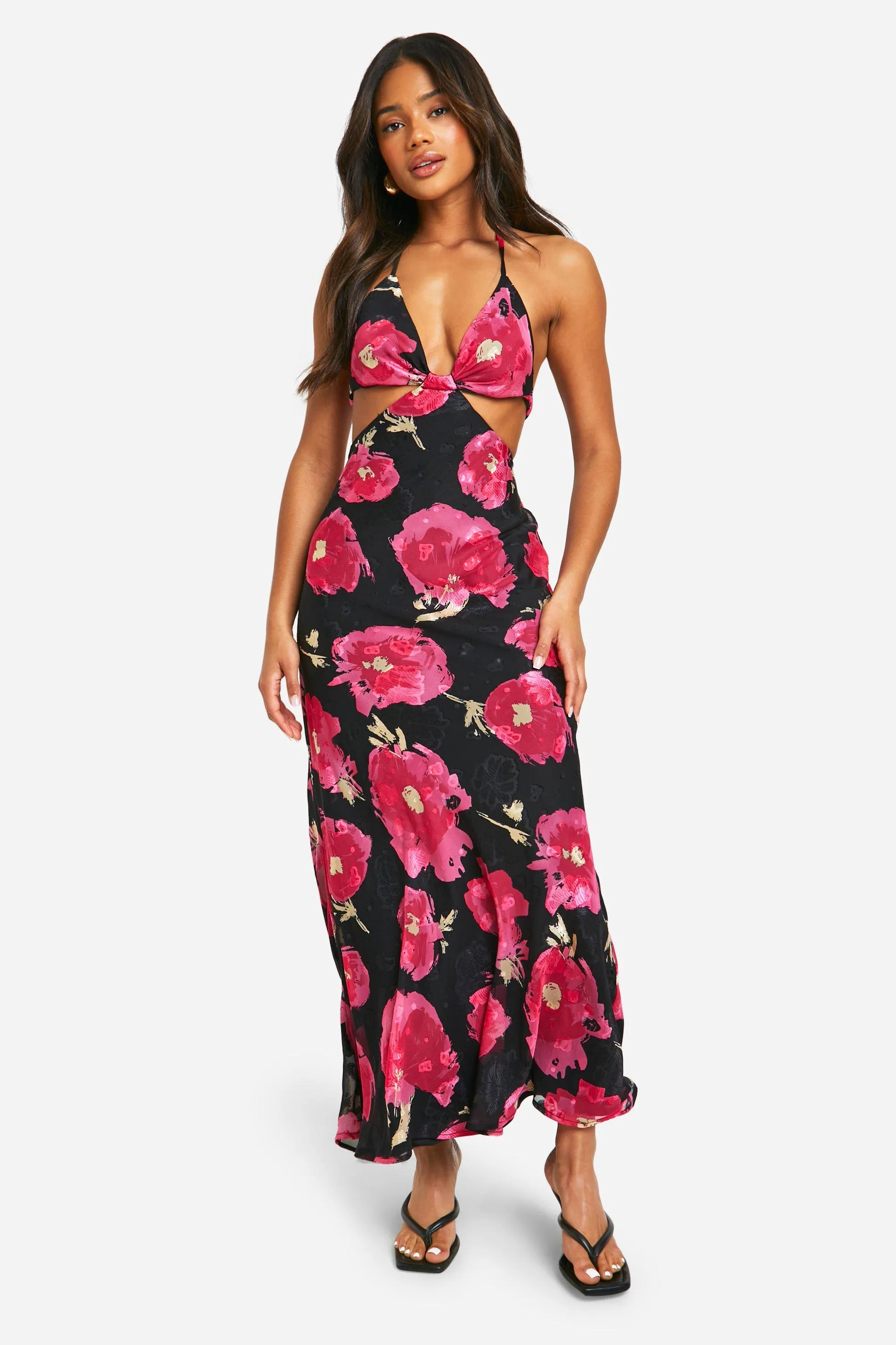 Chiffon Jacquard Floral Cut Out Maxi Dress