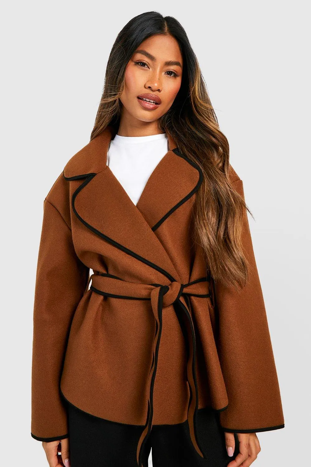 Contrast Edge Belted Coat