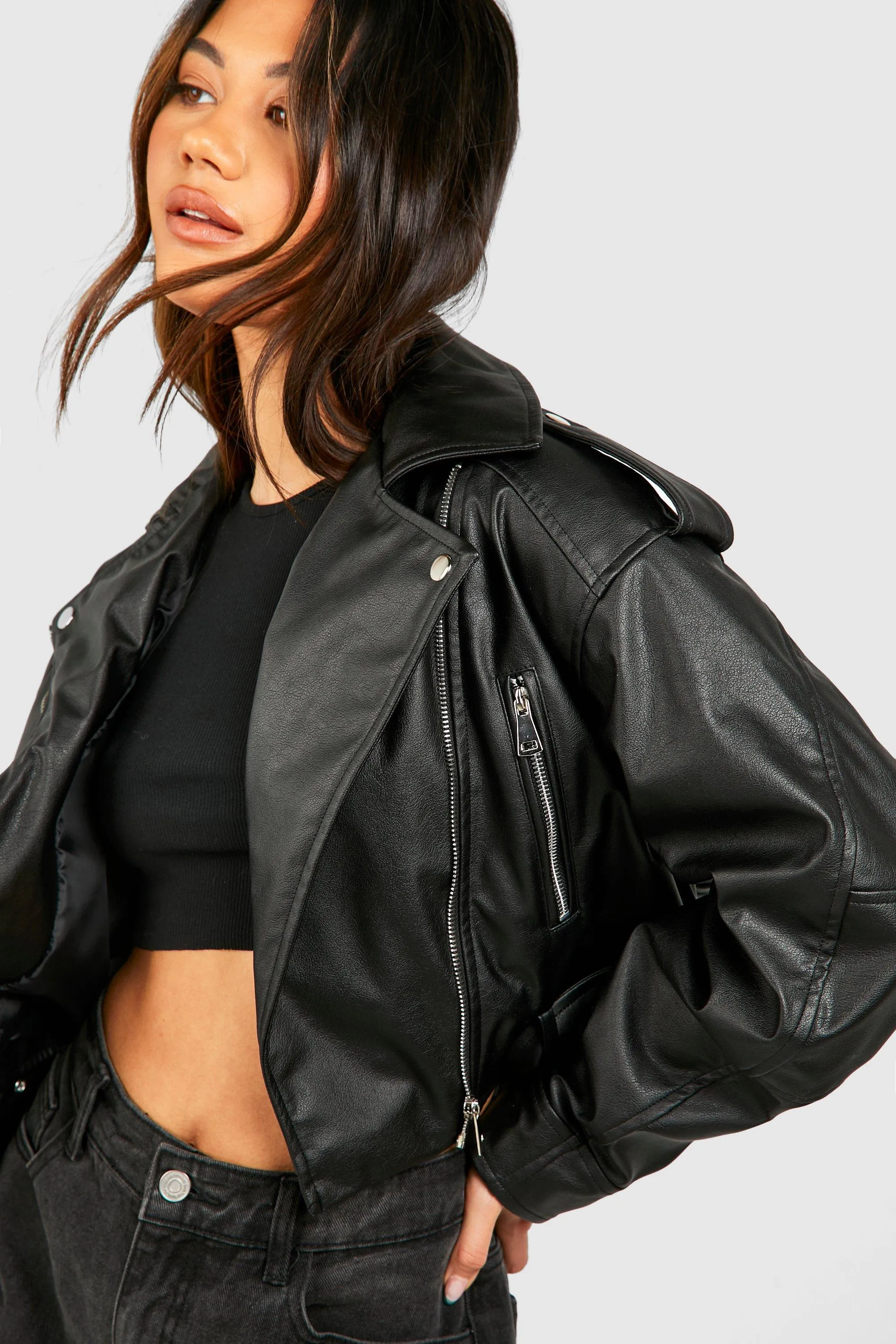 Cropped Belted Faux Leather Moto Jacket