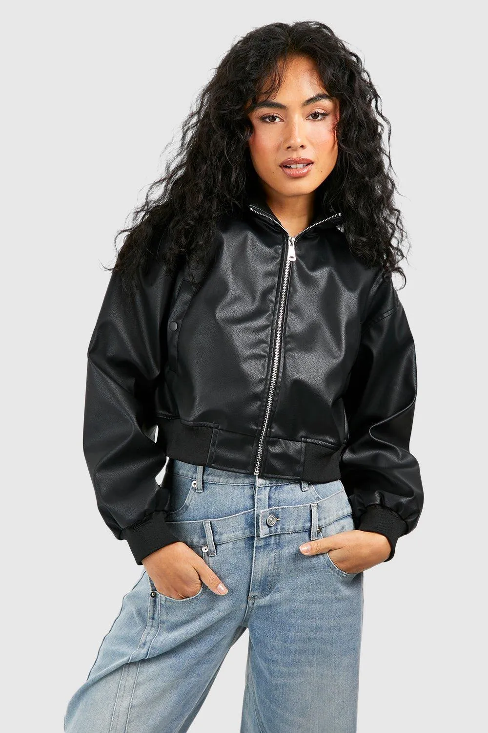 Cropped Faux Leather Zip Bomber Jacket