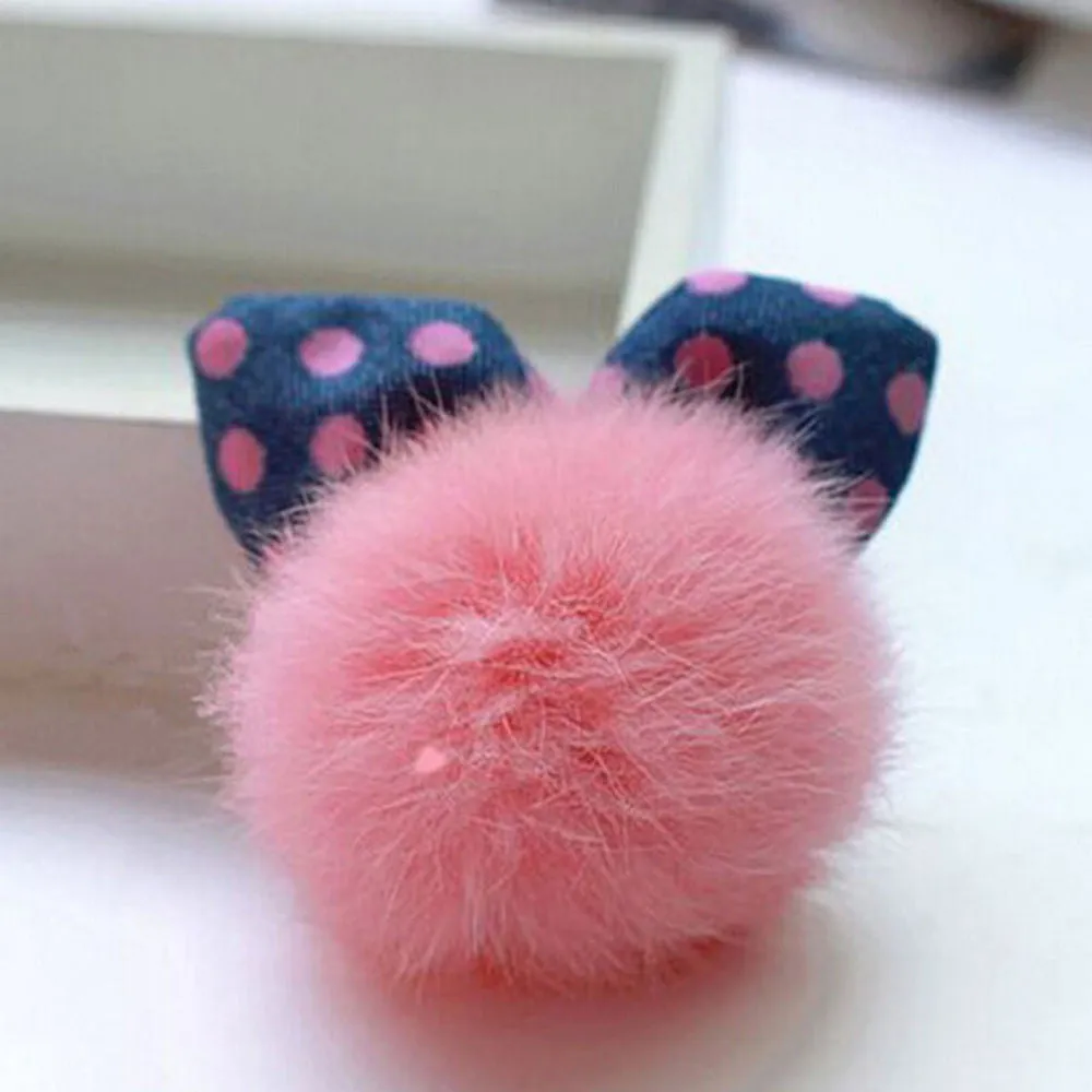 Cute Dotted Rabbit Baby Headb  Faux Fur Ball Ear Shape Hair Clips For Girls Red Pink Hairpins S  SM6