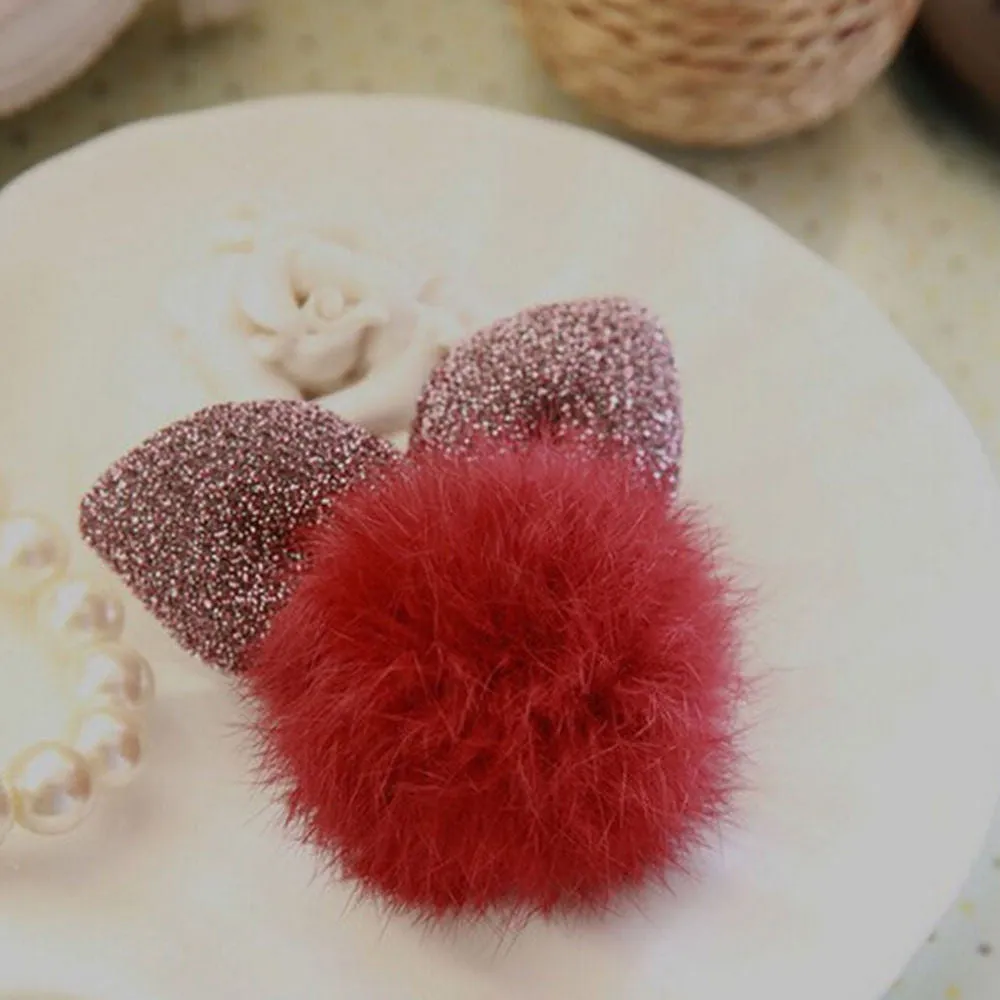 Cute Dotted Rabbit Baby Headb  Faux Fur Ball Ear Shape Hair Clips For Girls Red Pink Hairpins S  SM6