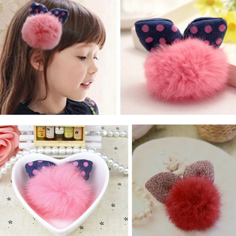 Cute Dotted Rabbit Baby Headb  Faux Fur Ball Ear Shape Hair Clips For Girls Red Pink Hairpins S  SM6