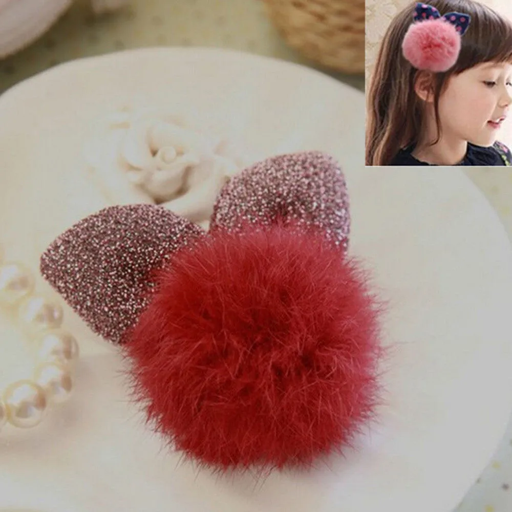 Cute Dotted Rabbit Baby Headb  Faux Fur Ball Ear Shape Hair Clips For Girls Red Pink Hairpins S  SM6