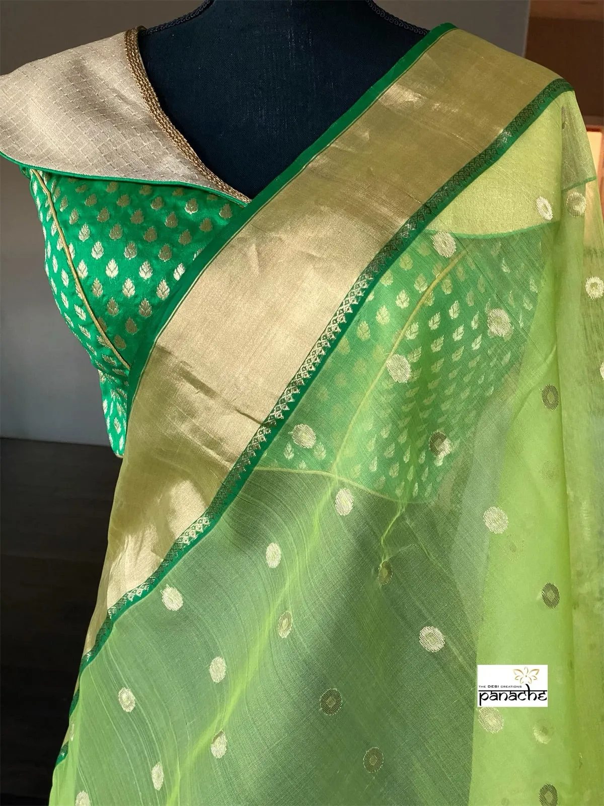 Designer Blouse - Green Brocade Collar