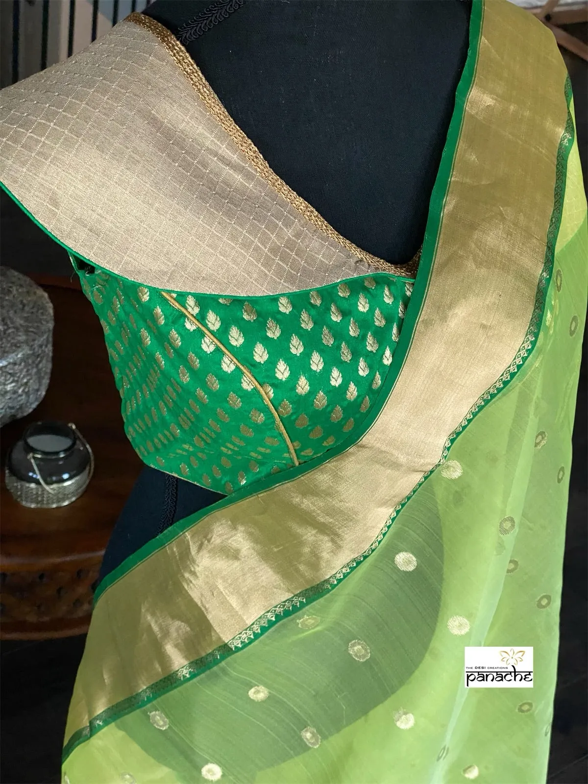 Designer Blouse - Green Brocade Collar