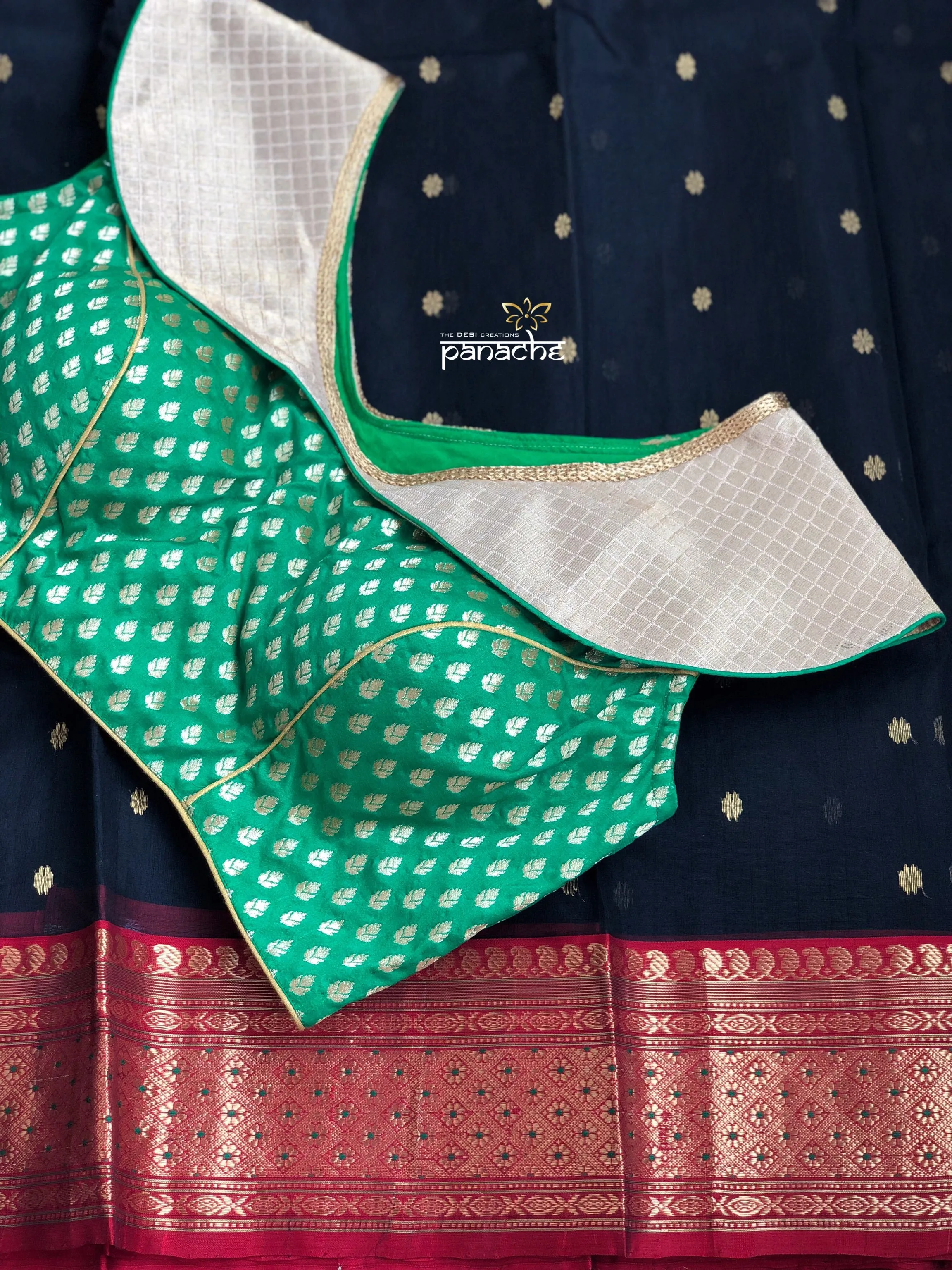 Designer Blouse - Green Brocade Collar