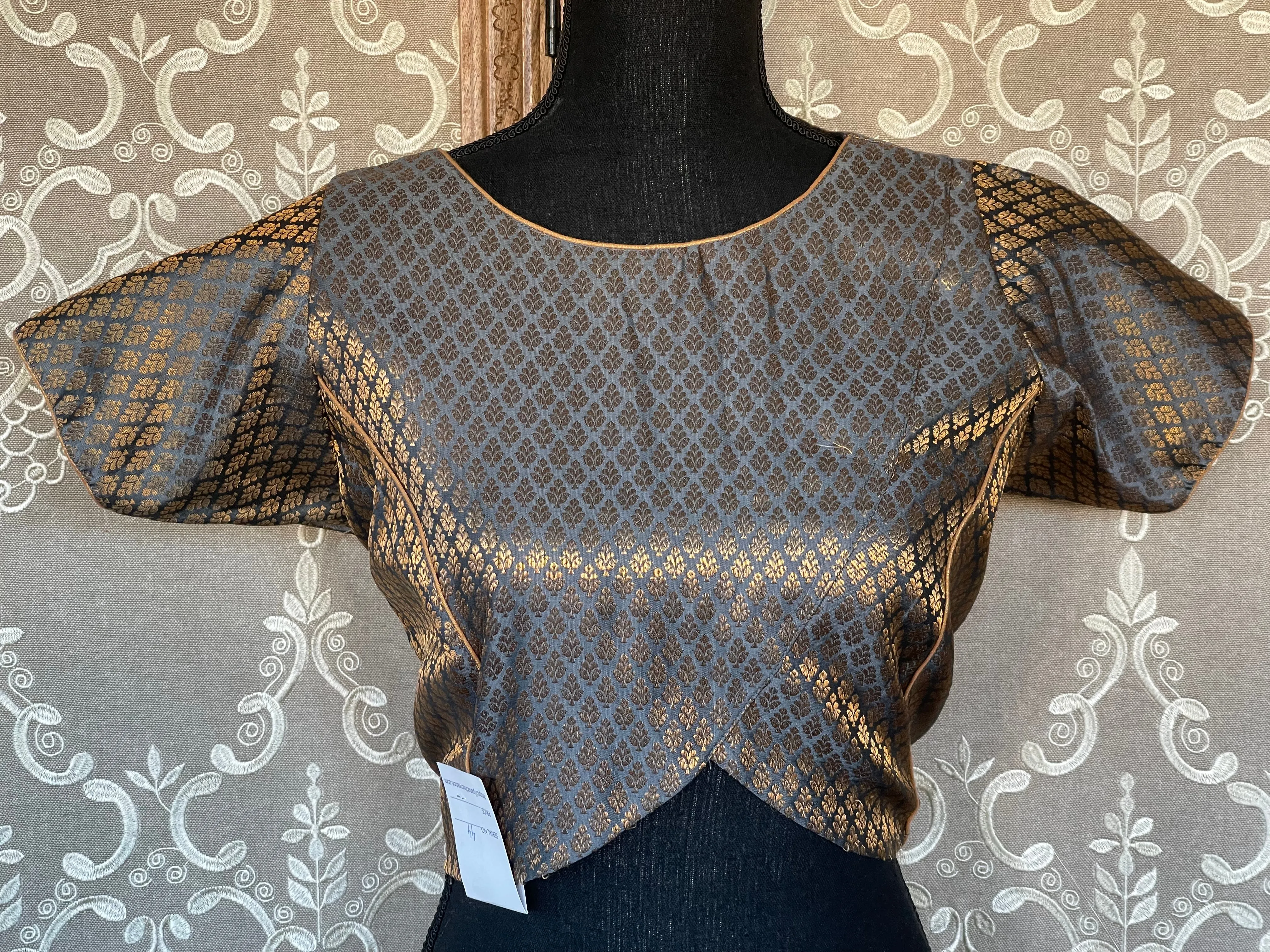 Designer Blouse - Grey Blue Brocade