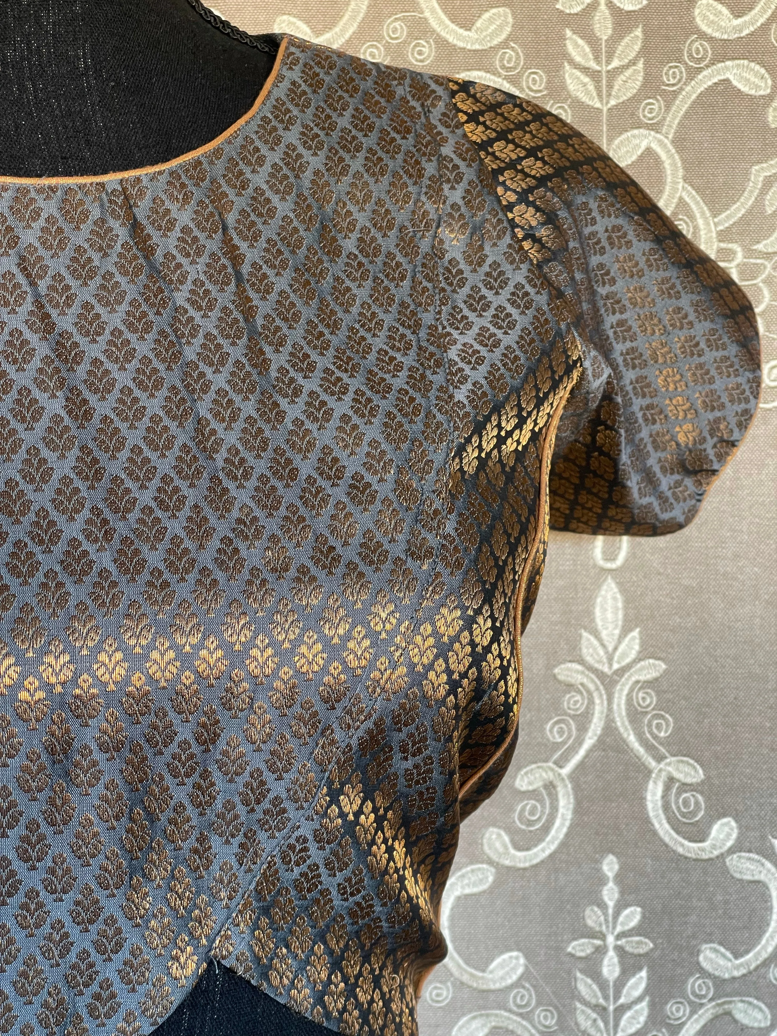 Designer Blouse - Grey Blue Brocade