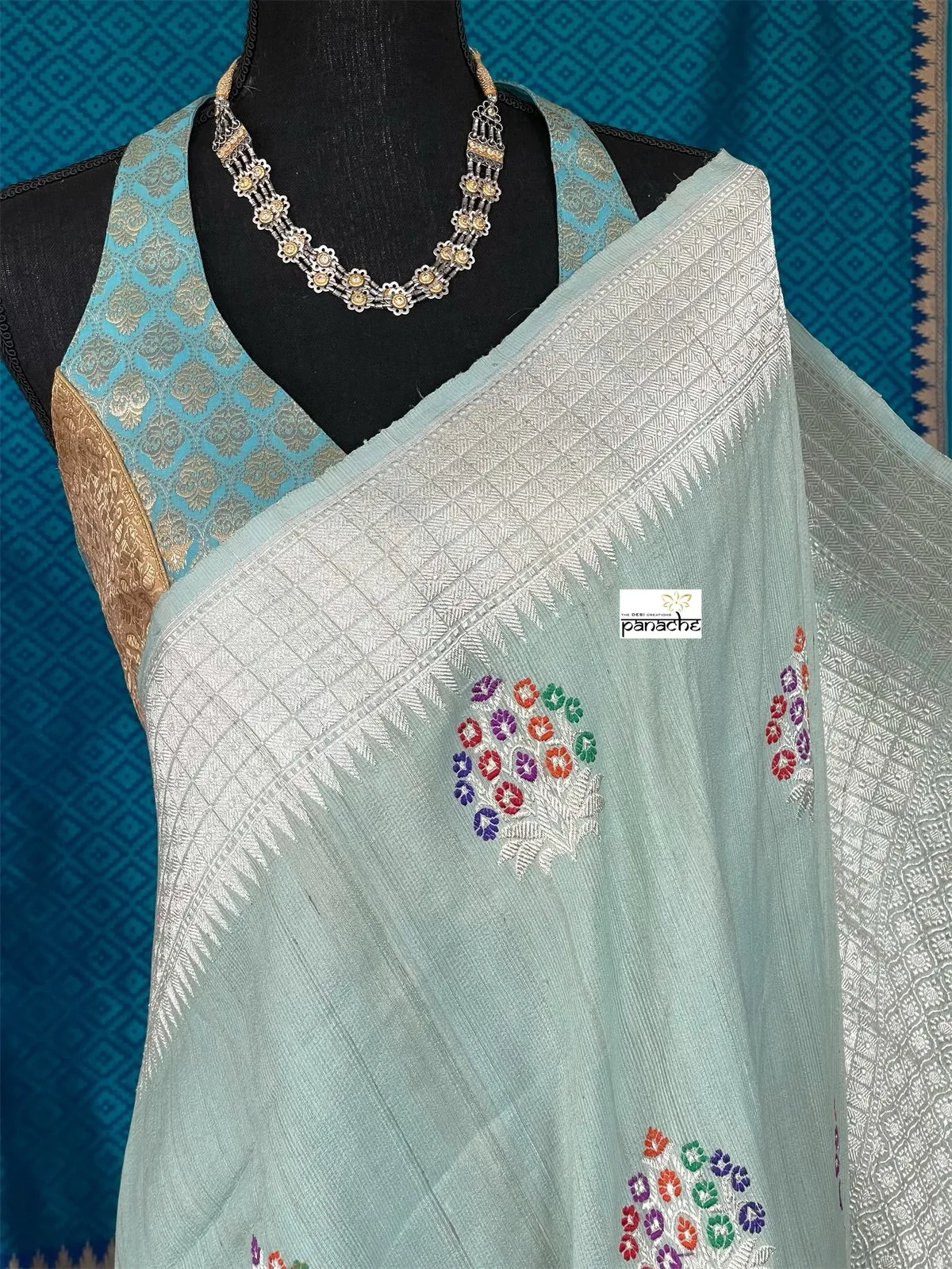 Designer Blouse - Light Blue Golden Brocade