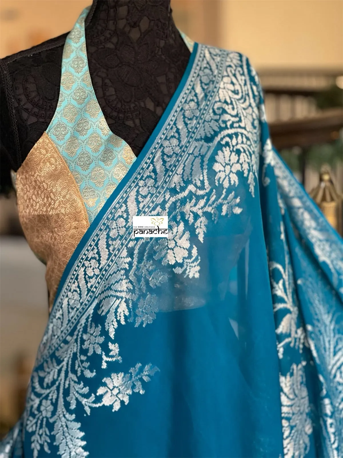 Designer Blouse - Light Blue Golden Brocade