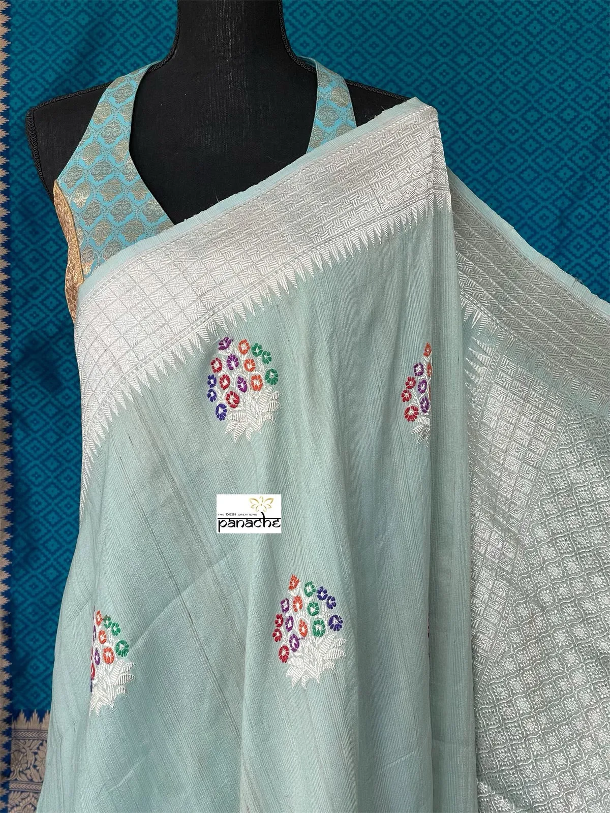 Designer Blouse - Light Blue Golden Brocade