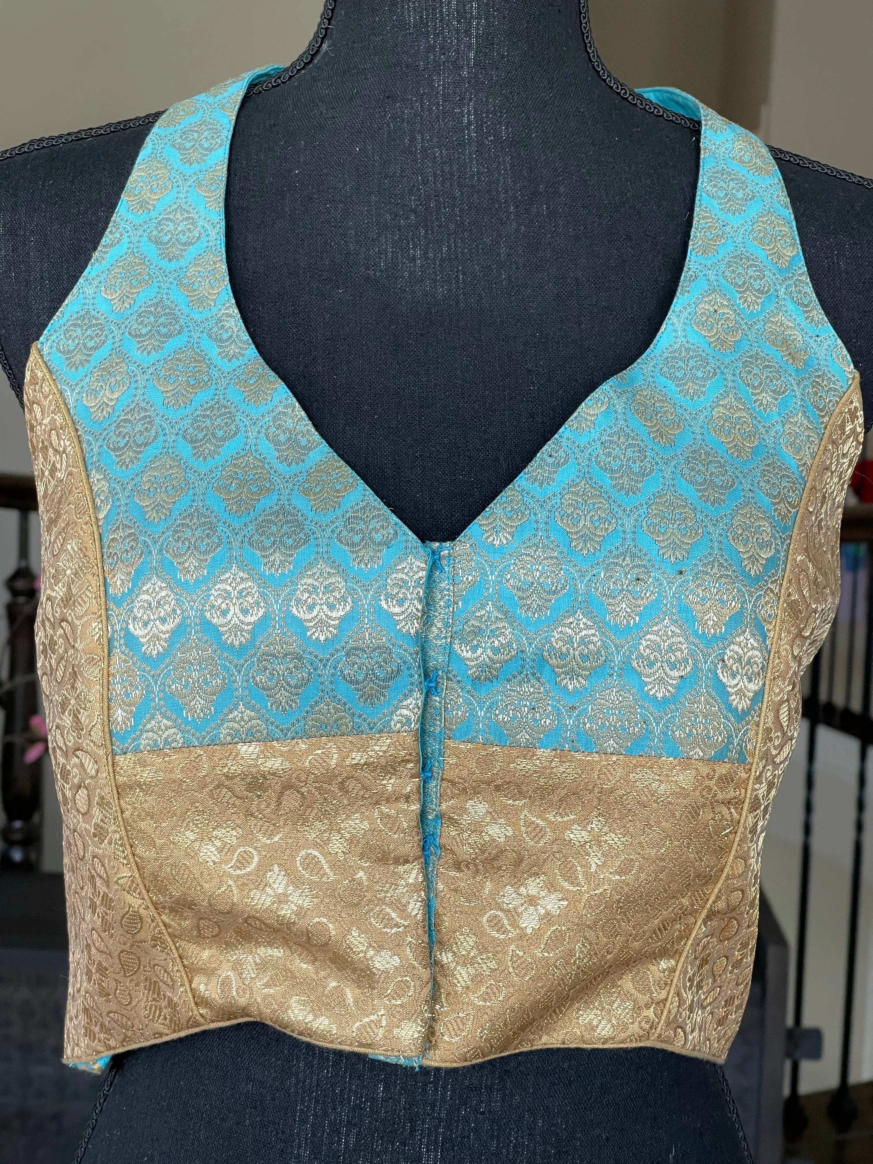 Designer Blouse - Light Blue Golden Brocade