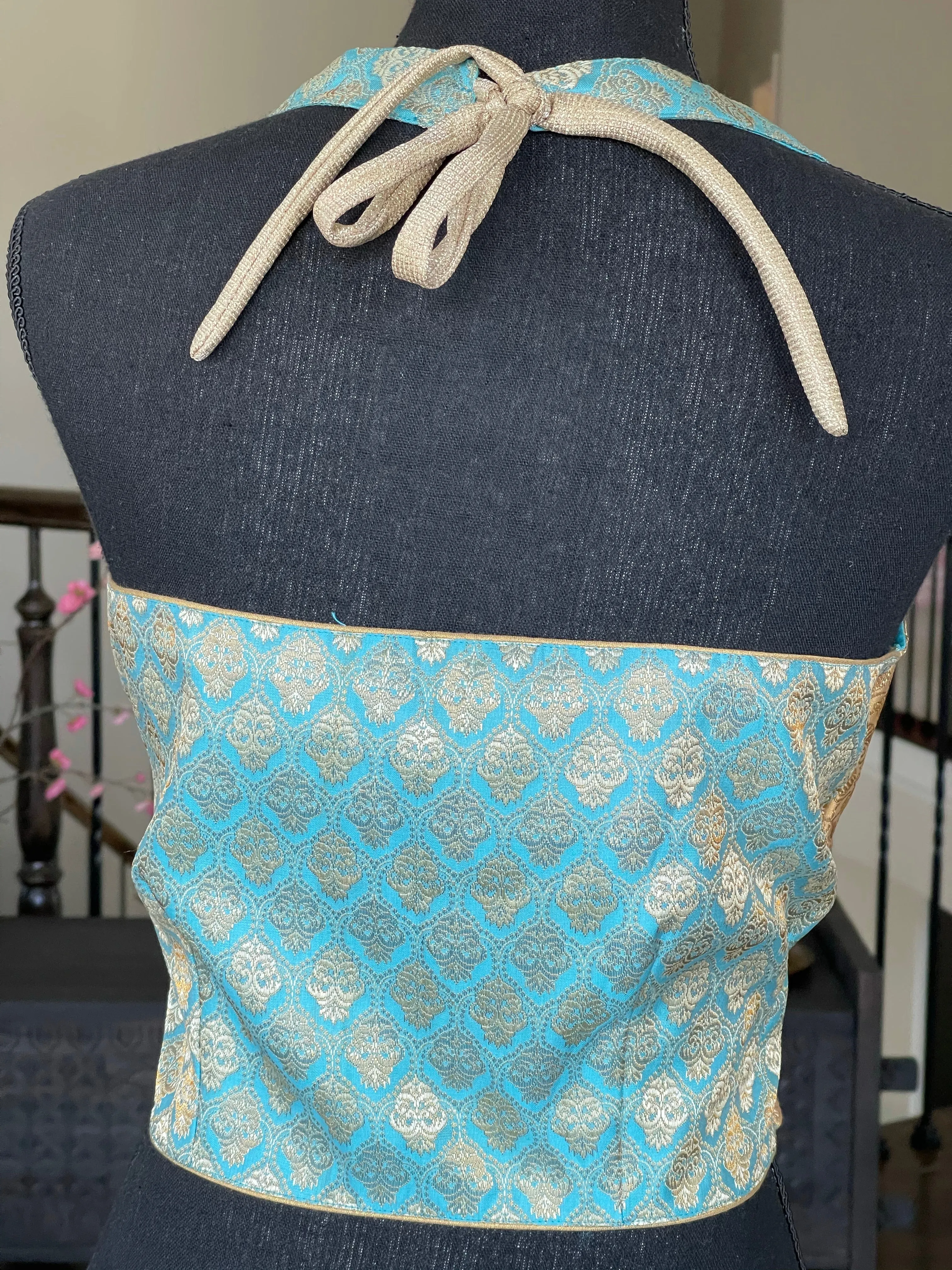 Designer Blouse - Light Blue Golden Brocade