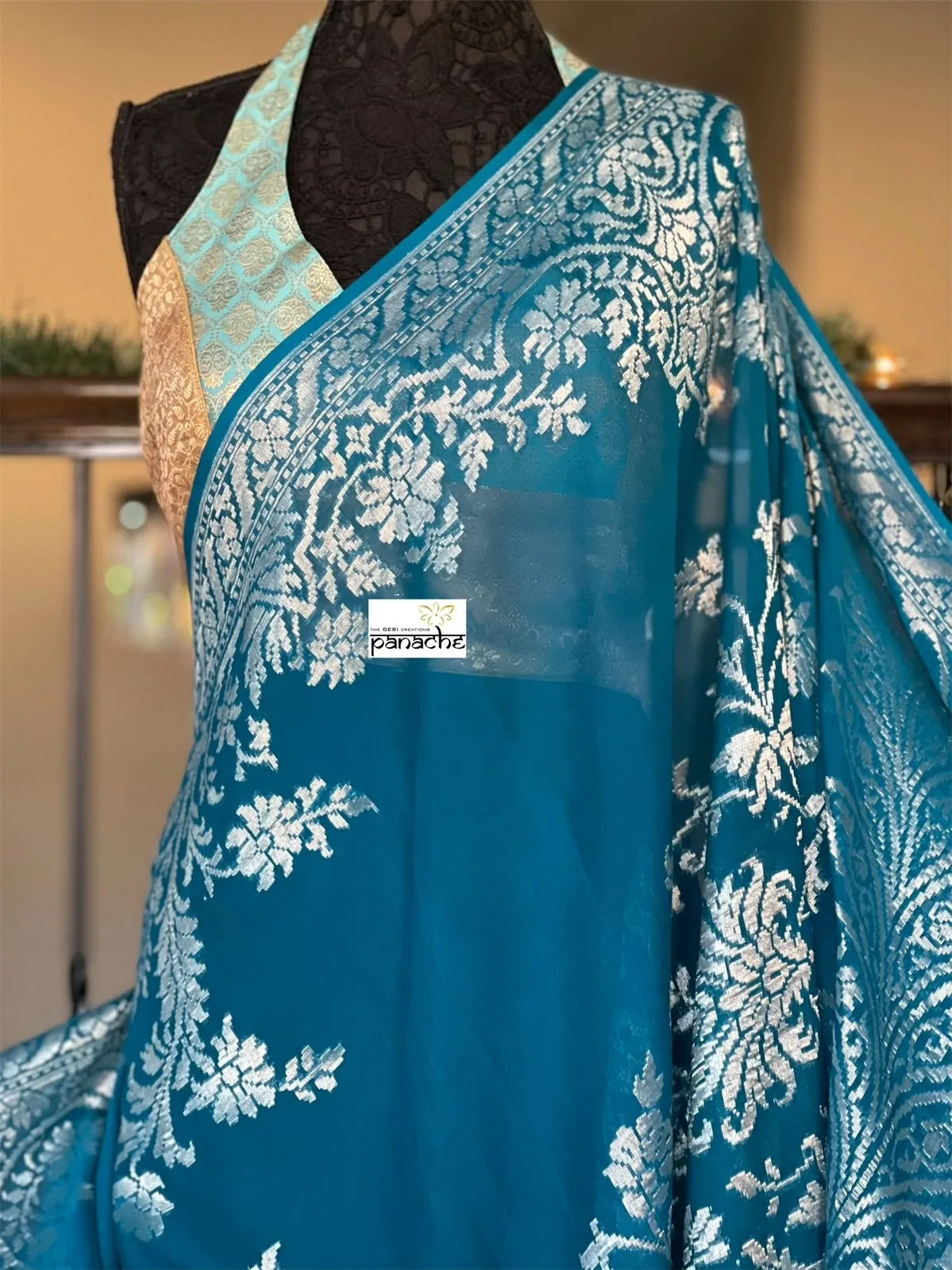 Designer Blouse - Light Blue Golden Brocade