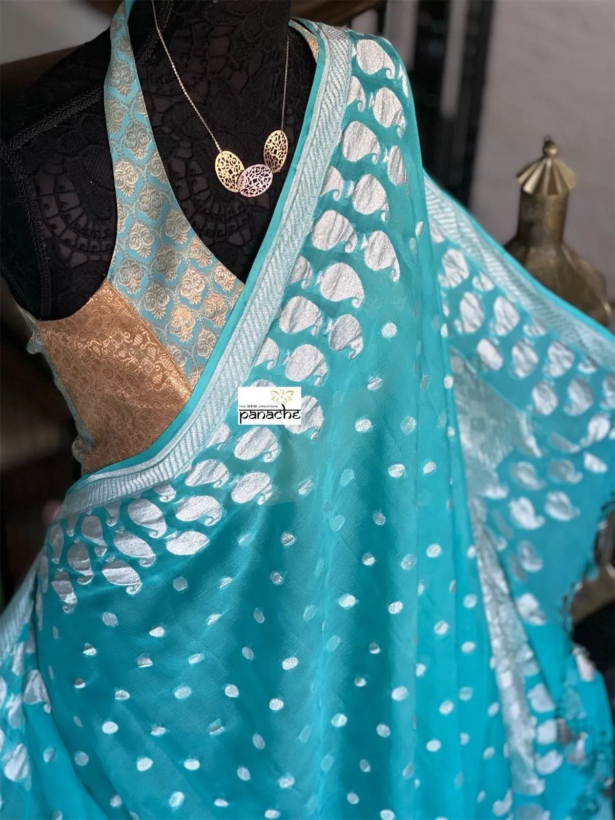 Designer Blouse - Light Blue Golden Brocade