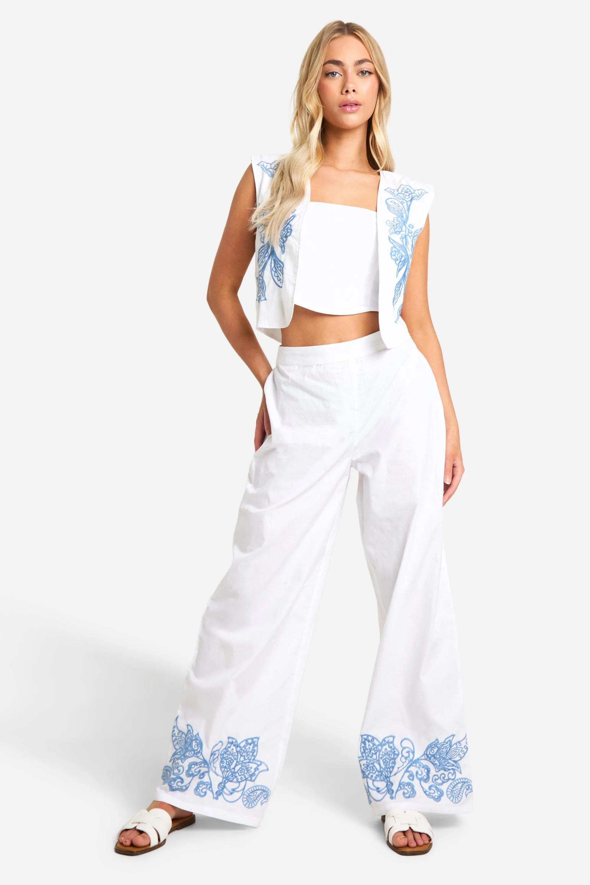 Embroidered Hem Wide Leg Pants