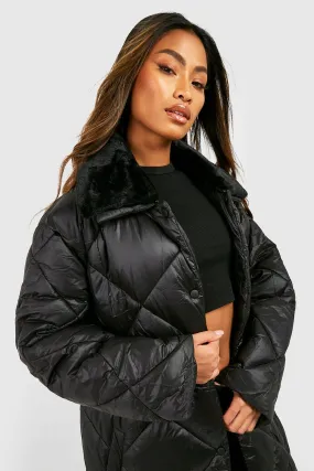 Faux Fur Collar Diamond Quilt Puffer