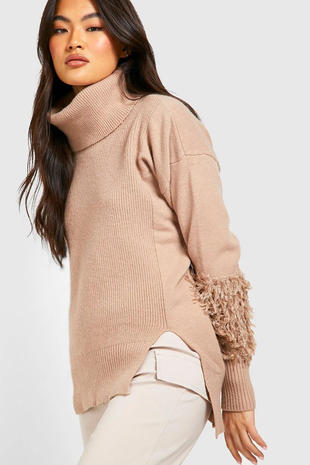 Faux Fur Sleeve Turtleneck Sweater