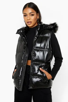 Faux Fur Trim Matte Puffer Vest