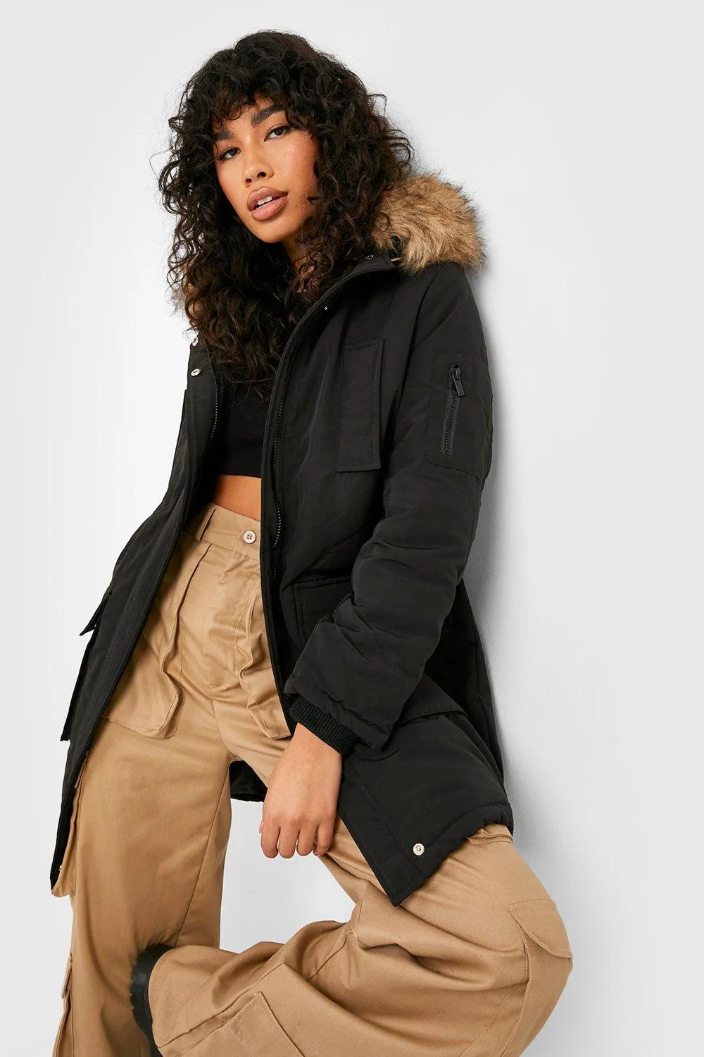 Faux Fur Trim Parka Coat